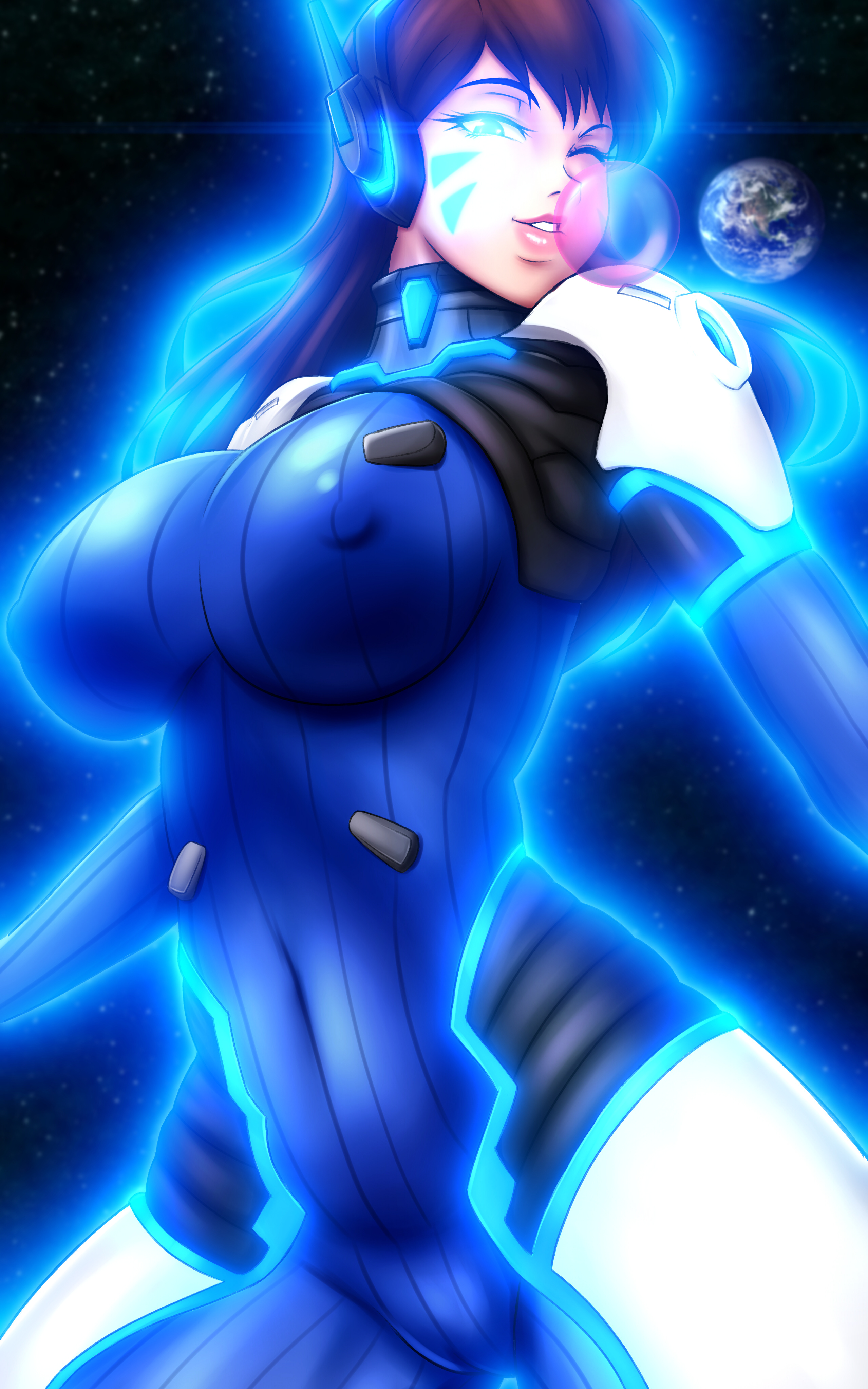 Clad in her MEKA suit, D.Va floats in space, winking and blowing a bubble with some gum that rivals the Earth in size.  Her suit's pink accents glow blue, alongside her eyes and entire body.
